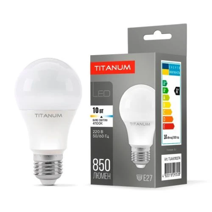 Лампа світлодіодна E27, 10 Вт, 4100K, A60, Titanum, 950 Лм, 220V (TLA6010274)