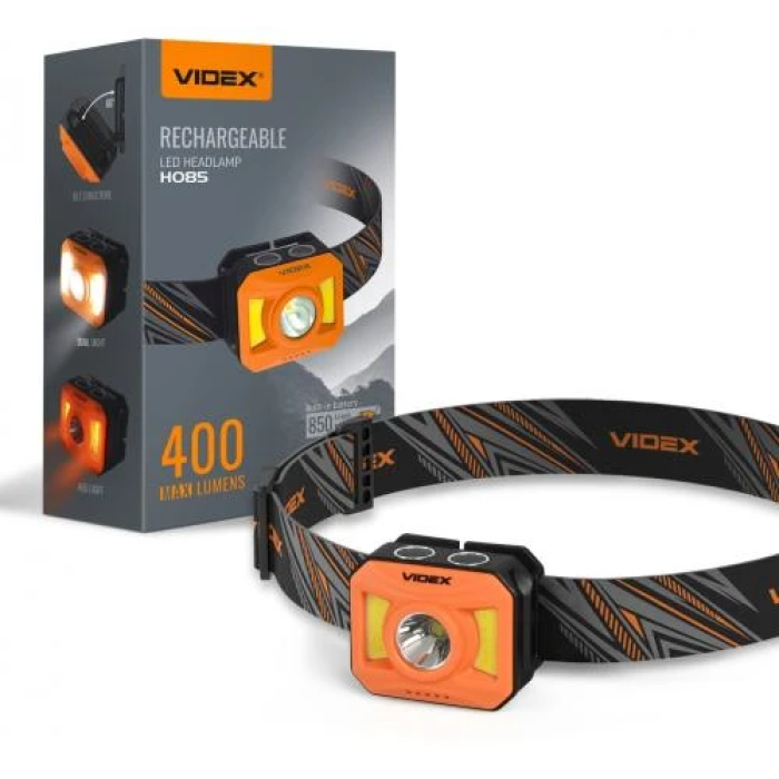 Ліхтар налобний Videx H085, Black/Orange, 400 Лм, 5000K, до 110 м, 8 режимів роботи, світлодіод CREE XTE 5W + COB 5W, акумулятор (850 mAh, незнімний), IP65, 72 г (VLF-H085-OR)
