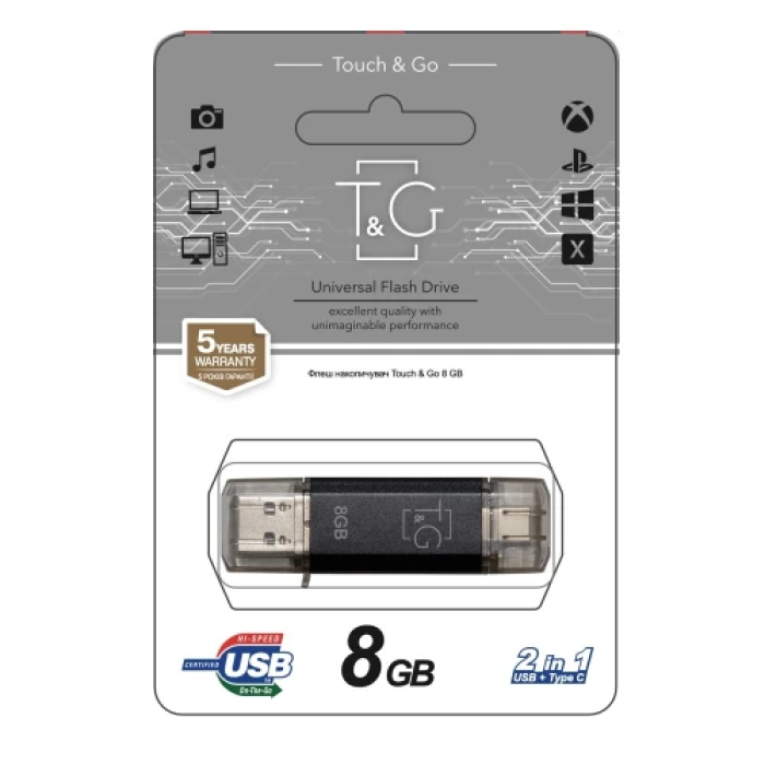 Флеш накопичувач USB 8Gb T&G Star TG009TC, Black, Type-C / USB 2.0 (TG009TC-8GBK)