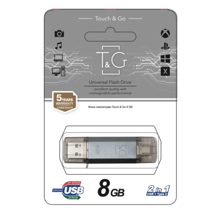 Флеш накопичувач USB 8Gb T&G Star TG009TC, Silver, Type-C / USB 2.0 (TG009TC-8GSL)