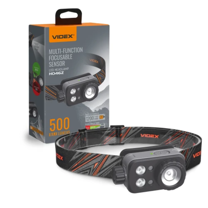 Ліхтар налобний Videx H046Z, Black, 500 Лм, 5000K, до 60 м, 6 режимів роботи, світлодіод Luminus SST20 + SMD 3W (Red/Green), акумулятор (1200 mAh, незнімний), IP65, 96 г (VLF-H046Z)