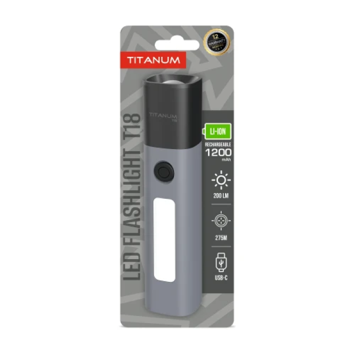 Ліхтар ручний Titanum T18, Grey, 200 Лм, світлодіод LED + COB, до 275 м, вбудований акумулятор 18650 Li-ion 1200 mAh, Type-C, IPX2 (TLF-T18)