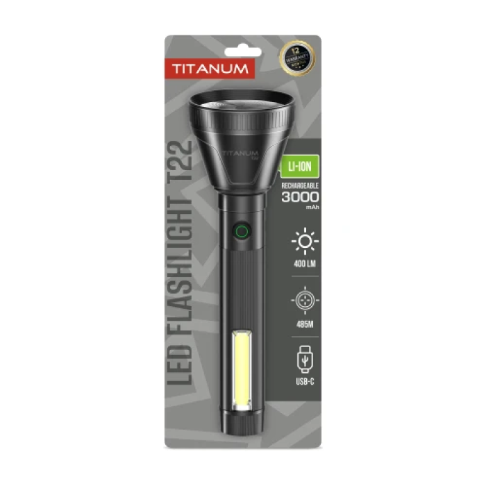 Ліхтар ручний Titanum T22, Black, 400 Лм, світлодіод LED + COB, до 485 м, вбудований акумулятор Li-ion 3000 mAh, Type-C, IPX2 (TLF-T22)