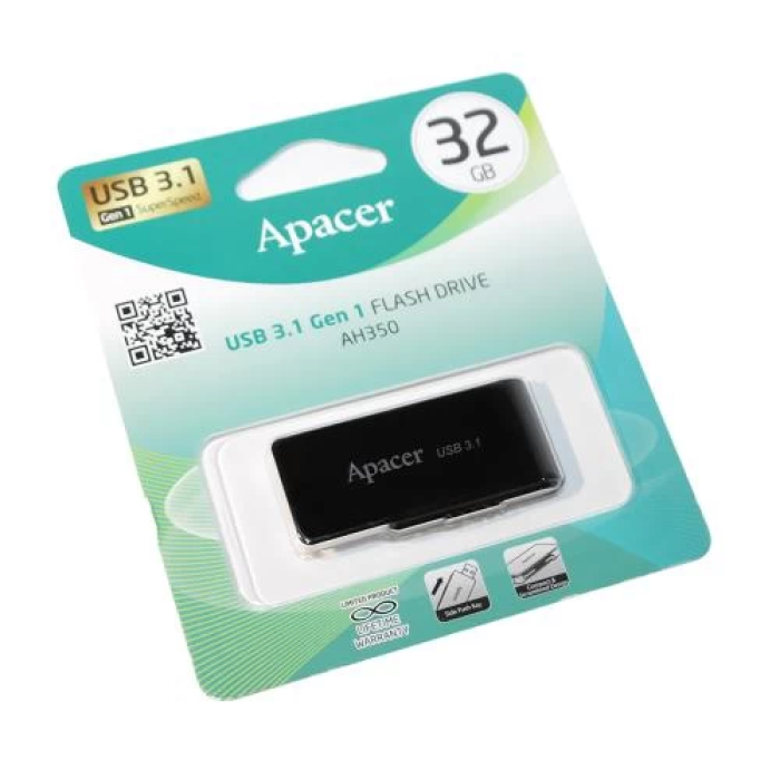 Флеш накопичувач USB 32Gb Apacer AH350, Black, USB 3.2 Gen 1 (AP32GAH350B-1)