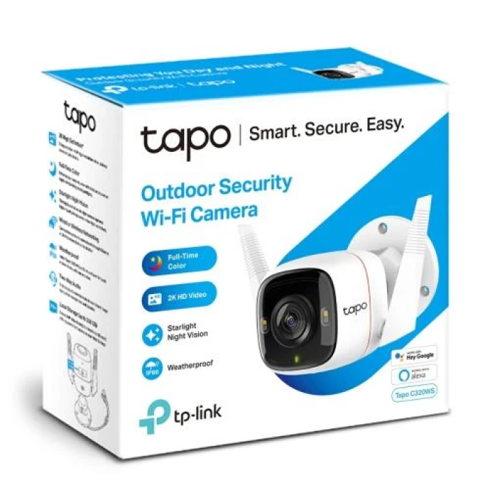 IP камера TP-Link Tapo C320WS, White, 4 Мп (2560x1440/15 fps), 1/3" CMOS, H.264, f/1.61, f=3.18 мм, WiFi (2.4 GHz), день/ніч, LED+ІЧ-підсвічування 850 нм до 30 м, двосторонній аудіозв'язок, microSD, IP66, iOS 10+ / Android 5.0+