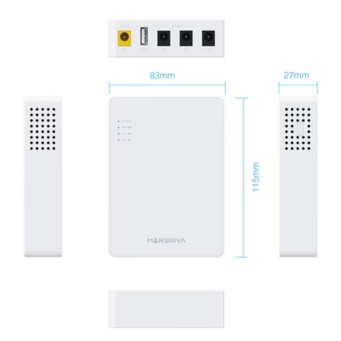 Джерело безперебійного живлення для роутера Marsriva KP3, White, 10000 mAh (36Wh), 1xDC (12V/1.5A), 1xDC (9V/2.0A), 1xDC (5V/2.1A), 1xUSB (5V/2.1A)