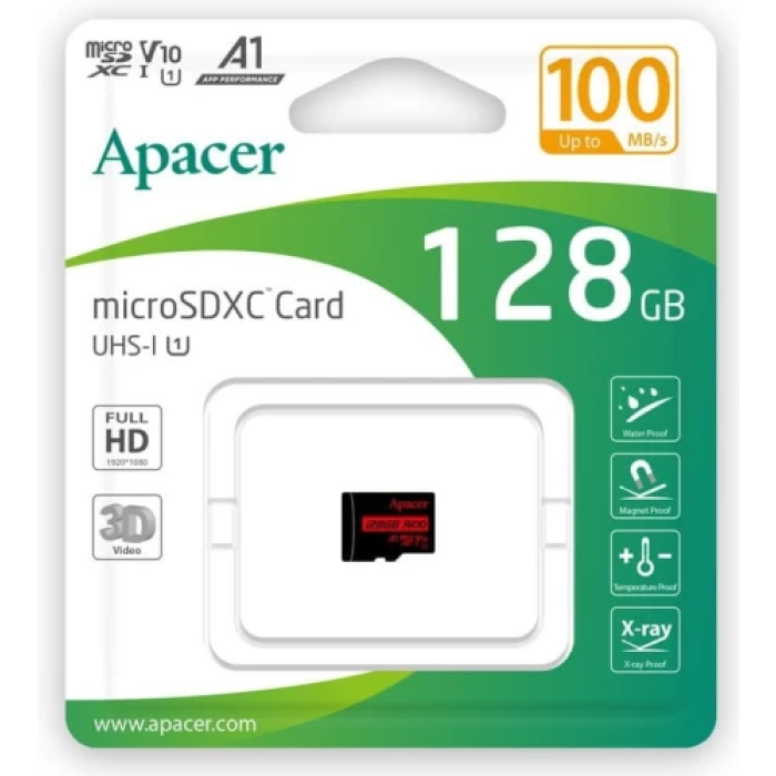 Карта пам'яті microSDXC, 128Gb, Apacer R100, Class10 UHS-I U1 V10 A1, без адаптера, до 100 МБ/с (AP128GMCSX10UB-RA)