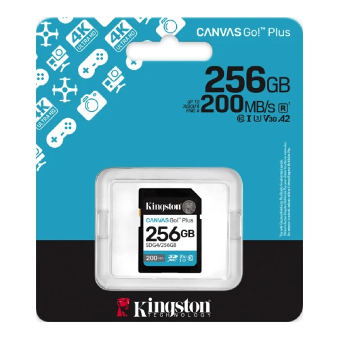 Карта пам'яті SDXC, 256Gb, Kingston Canvas Go! Plus, Сlass10 UHS-I U3 V30, до 200/160 МБ/с (SDG4/256GB)