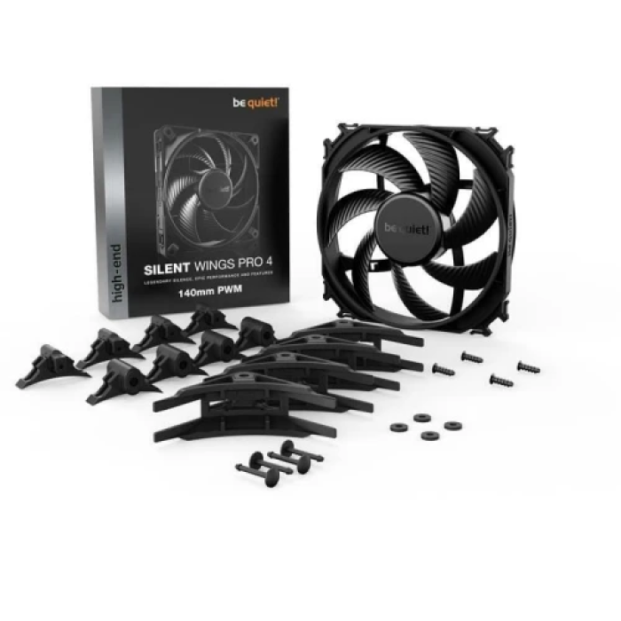 Вентилятор 140 мм, be quiet! Silent Wings Pro 4, Black, 140х140х25 мм, до 2400 об/хв, до 36.8 дБ, 4-pin (PWM, 50 см), гідродинамічний підшипник (BL099)