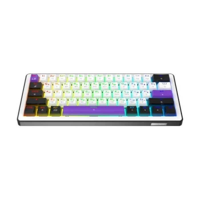 Клавіатура бездротова Hator Hellyberry HK60, White/Violet, Bluetooth / USB 2.4GHz / USB, механічна (перемикачі Hellyberry Linear), формат 60% (61 кнопка), RGB підсвічування з індивідуальним налаштуванням кожної кнопки, UA/EN, акумулятор 4000 mAh