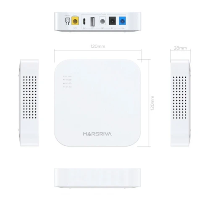 Джерело безперебійного живлення для роутера Marsriva KP4, White, 10000 mAh (36Wh), 1xDC (12V/1.5A), 1xDC (9V/2.0A), 1xDC (5V/2.1A), 1xUSB (5V/2.1A), 1xType-C (5V/2.1A)