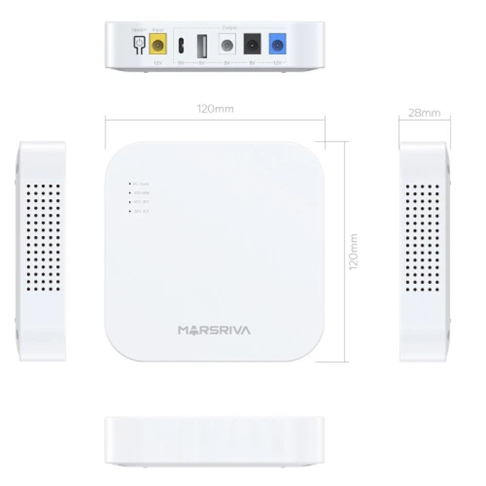 Джерело безперебійного живлення для роутера Marsriva KP4 Max, White, 20000 mAh (74Wh), 1xDC (12V/1.5A), 1xDC (9V/2.0A), 1xDC (5V/2.1A), 1xType-C (5V/2.1A), 1xUSB (5V/2.1A)