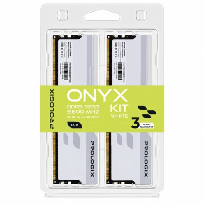 Пам'ять 16Gb x 2 (32Gb Kit) DDR5, 5600 MHz, Prologix Onyx RGB, White, 38-44-44-90, 1.35V, з радіатором (PRO32GB5600YWR5K)