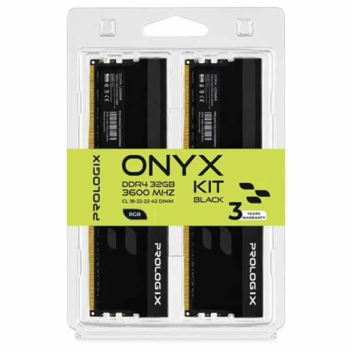 Пам'ять 16Gb x 2 (32Gb Kit) DDR4, 3600 MHz, Prologix Onyx RGB, Black, 18-22-22-42, 1.35V, з радіатором (PRO32GB3600YBR4K)
