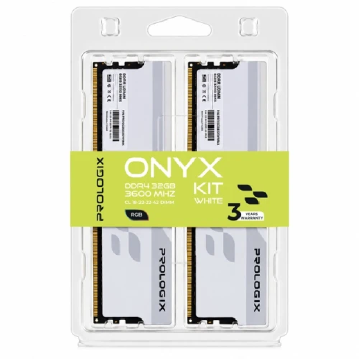 Пам'ять 16Gb x 2 (32Gb Kit) DDR4, 3600 MHz, Prologix Onyx RGB, White, 18-22-22-42, 1.35V, з радіатором (PRO32GB3600YWR4K)