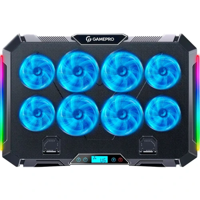 Підставка для ноутбука до 17" GamePro CP795, Black, RGB підсвічування, 4 х 80 мм, 4 х 70 мм вентилятор (25 dB 2320 rpm), метал/пластик, 2xUSB 2.0, 395 x 265 x 30 мм, 910 г, регулювання швидкості вентиляторів та кута нахилу
