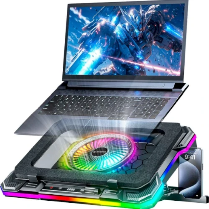Підставка для ноутбука до 19" GamePro CP950, Black, 1 x 140 мм (300-2200 об/хв), магнітна підкладка, RGB підсвічування, LCD екран, 8 рівнів висоти, 2xType-C, знімна підставка для смартфона, металева сітка, 428 x 316 x 58 мм, 1.24 кг