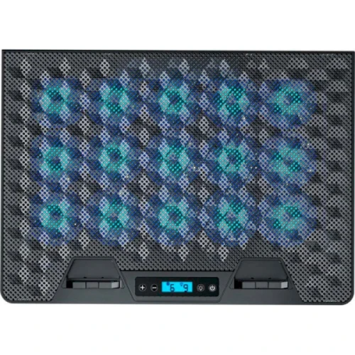 Підставка для ноутбука до 17.3" GamePro CP1140, Black, 15 x 60 мм (2300 об/хв), LCD екран, RGB підсвічування (10 режимів), 5 рівнів висоти, 2xUSB, знімний тримач для смартфона, металева сітка, 400 x 288 x 36 мм, 1.38 кг
