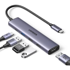 Хаб USB Ugreen CM478, Grey, Type-C 3.1 - 1xType-C (100 Вт) / 1xUSB 3.0 / 2xUSB 2.0 / HDMI 4K, кабель 15 см, алюмінієвий корпус (15495)