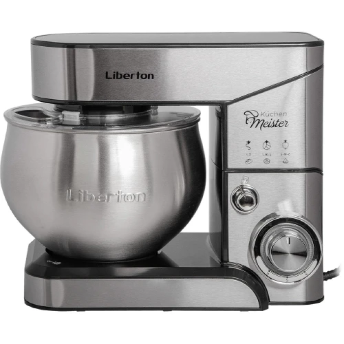 Планетарний міксер Liberton LMS-2902, Inox, 2000W, стаціонарний, чаша з нержавіючої сталі на 5 літрів, 3 насадки, гак для тіста, плоский збивач, вінчик, лопатка з пластику