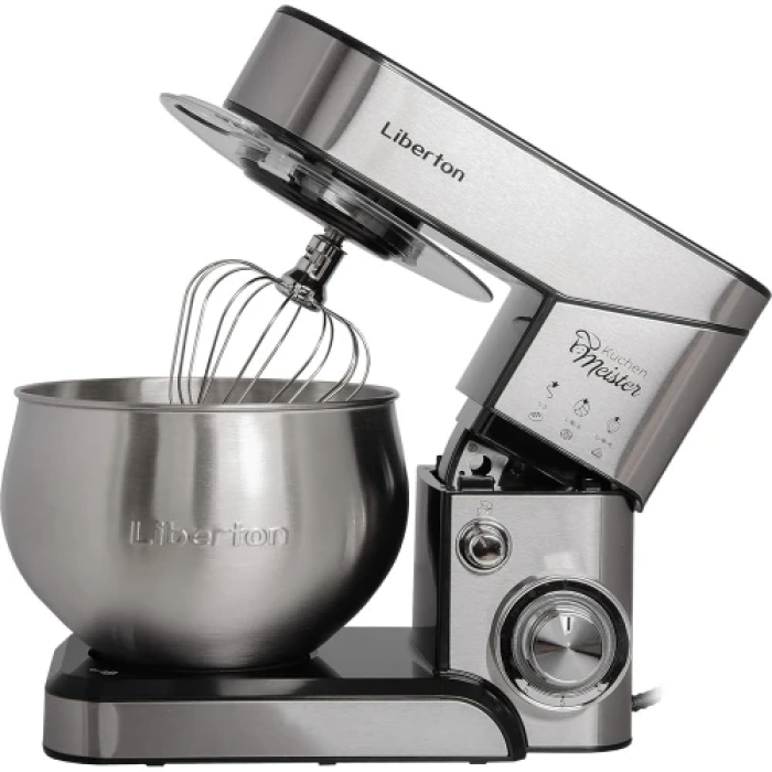 Планетарний міксер Liberton LMS-2902, Inox, 2000W, стаціонарний, чаша з нержавіючої сталі на 5 літрів, 3 насадки, гак для тіста, плоский збивач, вінчик, лопатка з пластику