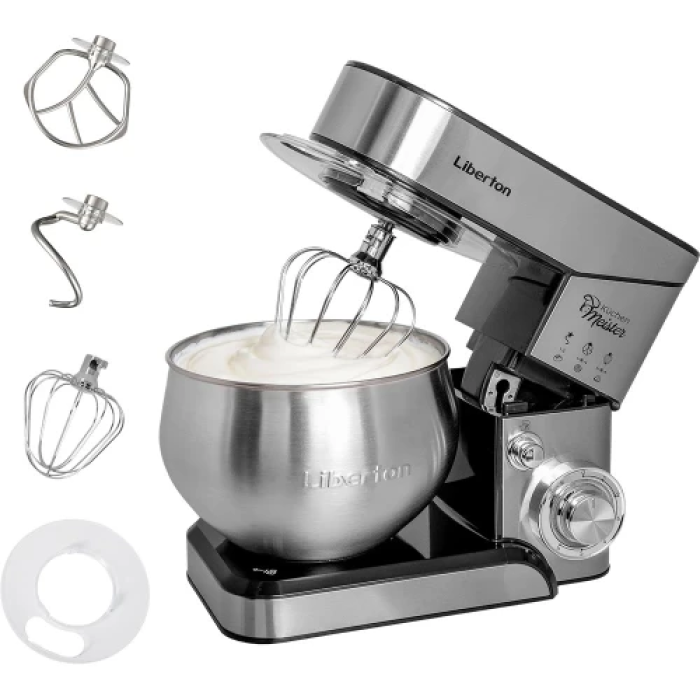 Планетарний міксер Liberton LMS-2902, Inox, 2000W, стаціонарний, чаша з нержавіючої сталі на 5 літрів, 3 насадки, гак для тіста, плоский збивач, вінчик, лопатка з пластику