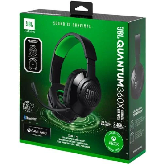 Навушники JBL Quantum 360X Wireless for XBOX, Black, Bluetooth/радіоканал, мікрофон, акумулятор, динаміки 40 мм (JBLQ360XWLBLKGRN)