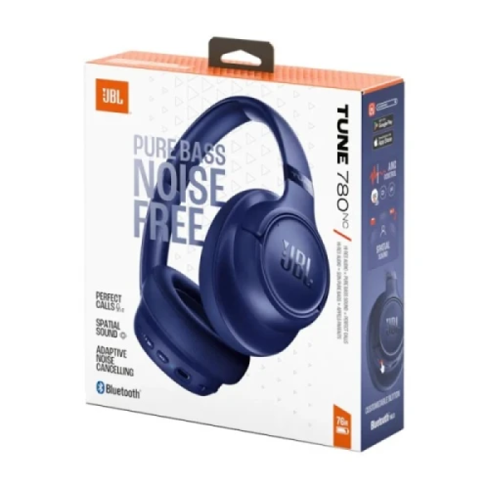 Навушники бездротові JBL Tune 780NC, Blue, Bluetooth, Mini jack 3.5 мм, USB-C, мікрофон, ANC, 32 Ом, 98 дБ, 690 мА·год, час роботи до 76 год, радіус дії до 10 м, кабель 1.2 м (JBLT780NCBLU)