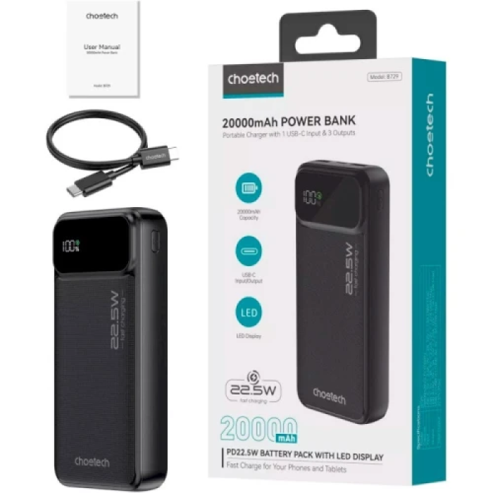 Універсальна мобільна батарея 20000 mAh, Choetech B729, Black, 22.5 Вт, 1xType-C (PD3.0) / 2xUSB (QC3.0), цифровий LED дисплей
