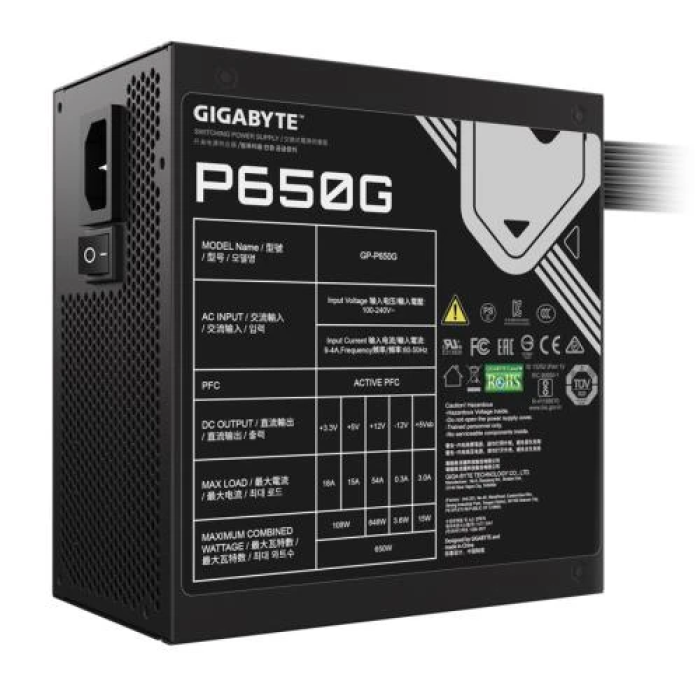 Блок живлення 650 Вт, Gigabyte P650G, Black, 80+ Gold, 120 мм HYB, 3xMolex / 6xSATA / 4x6+2-pin / 2x4+4-pin / 1x20+4-pin, захист OVP/OPP/SCP/UVP/OCP/OTP (GP-P650G)