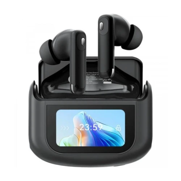 Навушники бездротові Blackview AirBuds 12, Black, Bluetooth 5.4, мікрофон, ANC + ENC, 32 Ом, 90 дБ, акумулятор 400 mAh, IPX7, Type-C, радіус дії до 10 м, час роботи до 28 год, сенсорний LED-дисплей на кейсі (6931548319719)