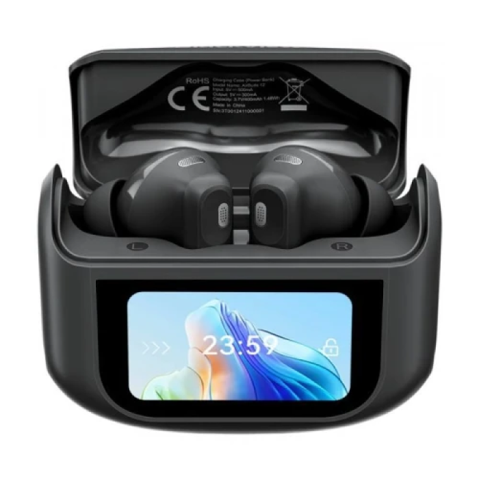 Навушники бездротові Blackview AirBuds 12, Black, Bluetooth 5.4, мікрофон, ANC + ENC, 32 Ом, 90 дБ, акумулятор 400 mAh, IPX7, Type-C, радіус дії до 10 м, час роботи до 28 год, сенсорний LED-дисплей на кейсі (6931548319719)