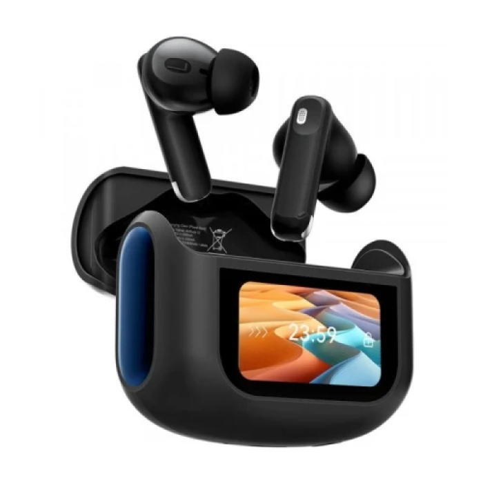 Навушники бездротові Blackview AirBuds 12, Black, Bluetooth 5.4, мікрофон, ANC + ENC, 32 Ом, 90 дБ, акумулятор 400 mAh, IPX7, Type-C, радіус дії до 10 м, час роботи до 28 год, сенсорний LED-дисплей на кейсі (6931548319719)