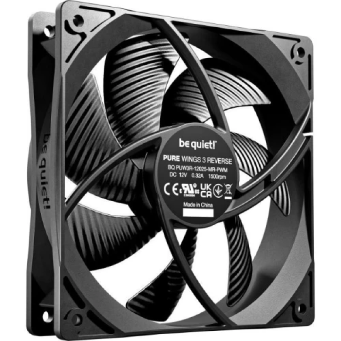 Вентилятор 120 мм, be quiet! Pure Wings 3 Reverse, Black, 3 шт, 120х120х25 мм, до 1600 об/хв, до 25.5 дБ, 4-pin (PWM, 46 см), пiдшипник ковзання з гвинтовою нарізкою (BL137)