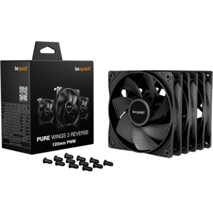 Вентилятор 120 мм, be quiet! Pure Wings 3 Reverse, Black, 3 шт, 120х120х25 мм, до 1600 об/хв, до 25.5 дБ, 4-pin (PWM, 46 см), пiдшипник ковзання з гвинтовою нарізкою (BL137)