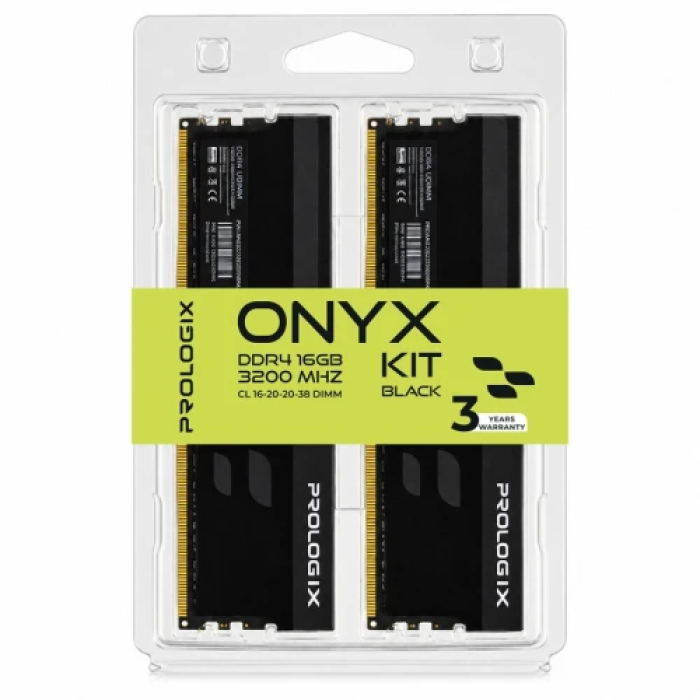 Пам'ять 8Gb x 2 (16Gb Kit) DDR4, 3200 MHz, Prologix Onyx, Black, 16-20-20-38, 1.35V, з радіатором (PRO16GB3200YB4K)