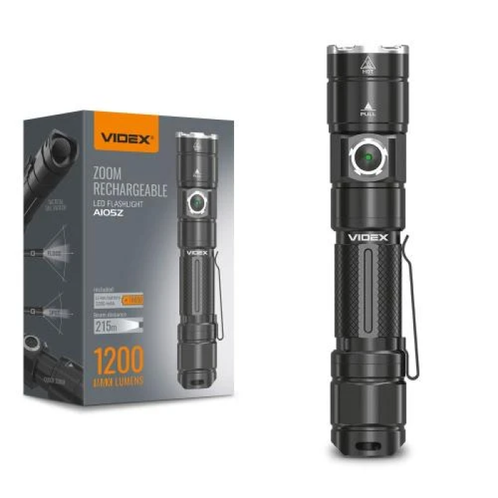 Ліхтар ручний Videx A105Z, Black, 1200 лм, 5000K, до 215 м, 6 режимів роботи, лінзи із загартованого скла, світлодіод Luminus SST40, 10W, акумулятор (18650, 2200 mAh, знімний), IP44, 93 г (VLF-A105Z)