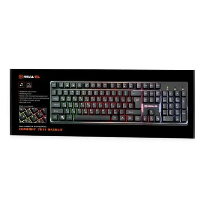 Клавіатура REAL-EL Comfort 7011 Backlit, Black, USB, мембранна, підсвічування клавіш з регулюванням рівня яскравості, 105 кнопок