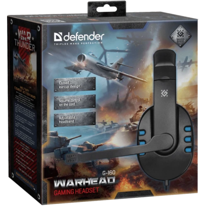 Навушники Defender Warhead G-160, Black/Blue, 2x3.5 мм, динаміки 40 мм, регулятор гучності на кабелі, 32 Ом, 106 дБ, 2.5 м (64118)