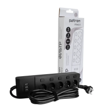 Фільтр мережевий Patron, 5 розеток, 3 м, Black, 3xUSB (3.1A), 16А, до 4 кВт, вимикач, заземлення, 3x1.5 мм² (SP1653-USB)
