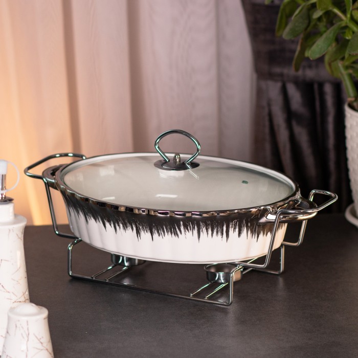 Керамічна овальна мармітниця об'ємом 2 л літра, на металевій підставці з підігрівом HP1024 (31585)