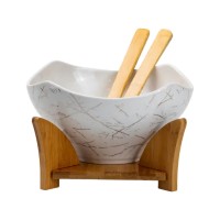 Салатниця га бамбуковій підставці з виделкою і ложкою 22*22*14 см Білий (27364)