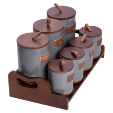 Банки для сипучих продуктів набір 9 штук на бамбуковій підставці з кришками 36.5×20.5×22 см Сірий HP-26-2G (48018)