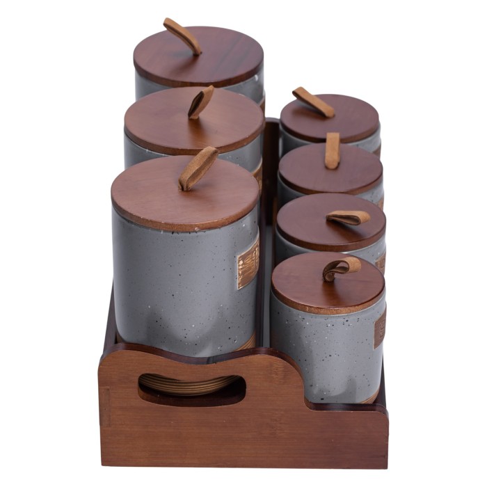 Банки для сипучих продуктів набір 9 штук на бамбуковій підставці з кришками 36.5×20.5×22 см Сірий HP-26-2G (48018)