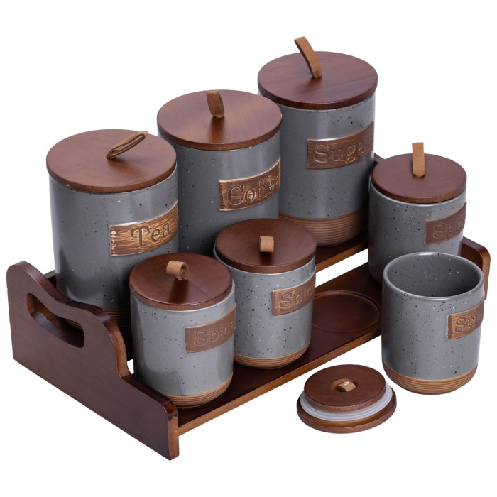 Банки для сипучих продуктів набір 9 штук на бамбуковій підставці з кришками 36.5×20.5×22 см Сірий HP-26-2G (48018)