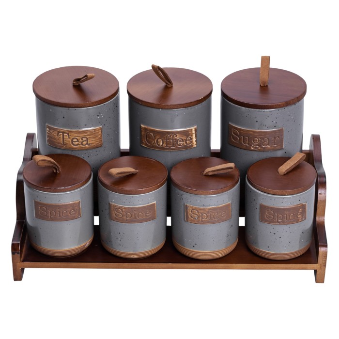 Банки для сипучих продуктів набір 9 штук на бамбуковій підставці з кришками 36.5×20.5×22 см Сірий HP-26-2G (48018)