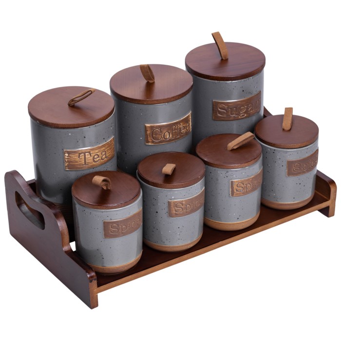Банки для сипучих продуктів набір 9 штук на бамбуковій підставці з кришками 36.5×20.5×22 см Сірий HP-26-2G (48018)