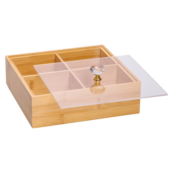 Менажниця дерев'яна на 4 секції з кришкою для закусок 22×22×8 (см) квадратна HB-40-2 (80573)