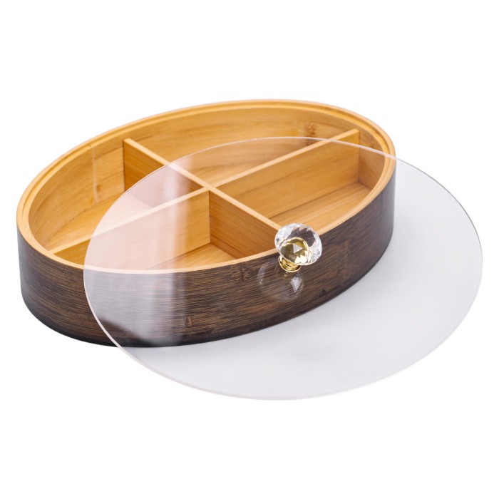 Менажниця дерев'яна на 4 секції зі скляною кришкою для закусок овальна HB-40-8 (31582)