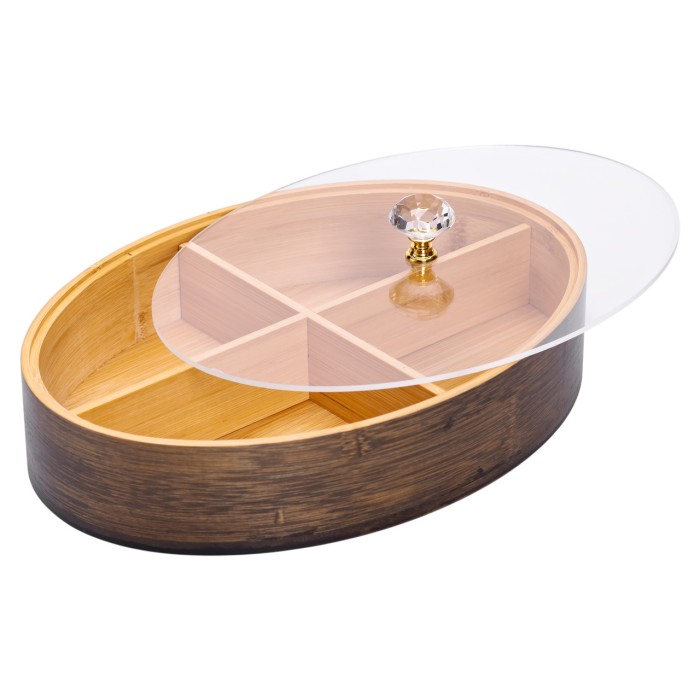 Менажниця дерев'яна на 4 секції зі скляною кришкою для закусок овальна HB-40-8 (31582)